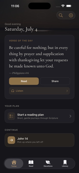 The Stillwater Today screen in its dark theme, the same verse of the day rendered in warm gold-cream text on near-black.